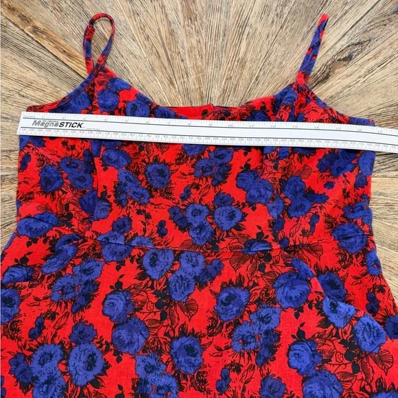 Retro Rockabilly Floral Linen Cotton Blend Dress w Pockets Size Large red blue - Picture 9 of 16